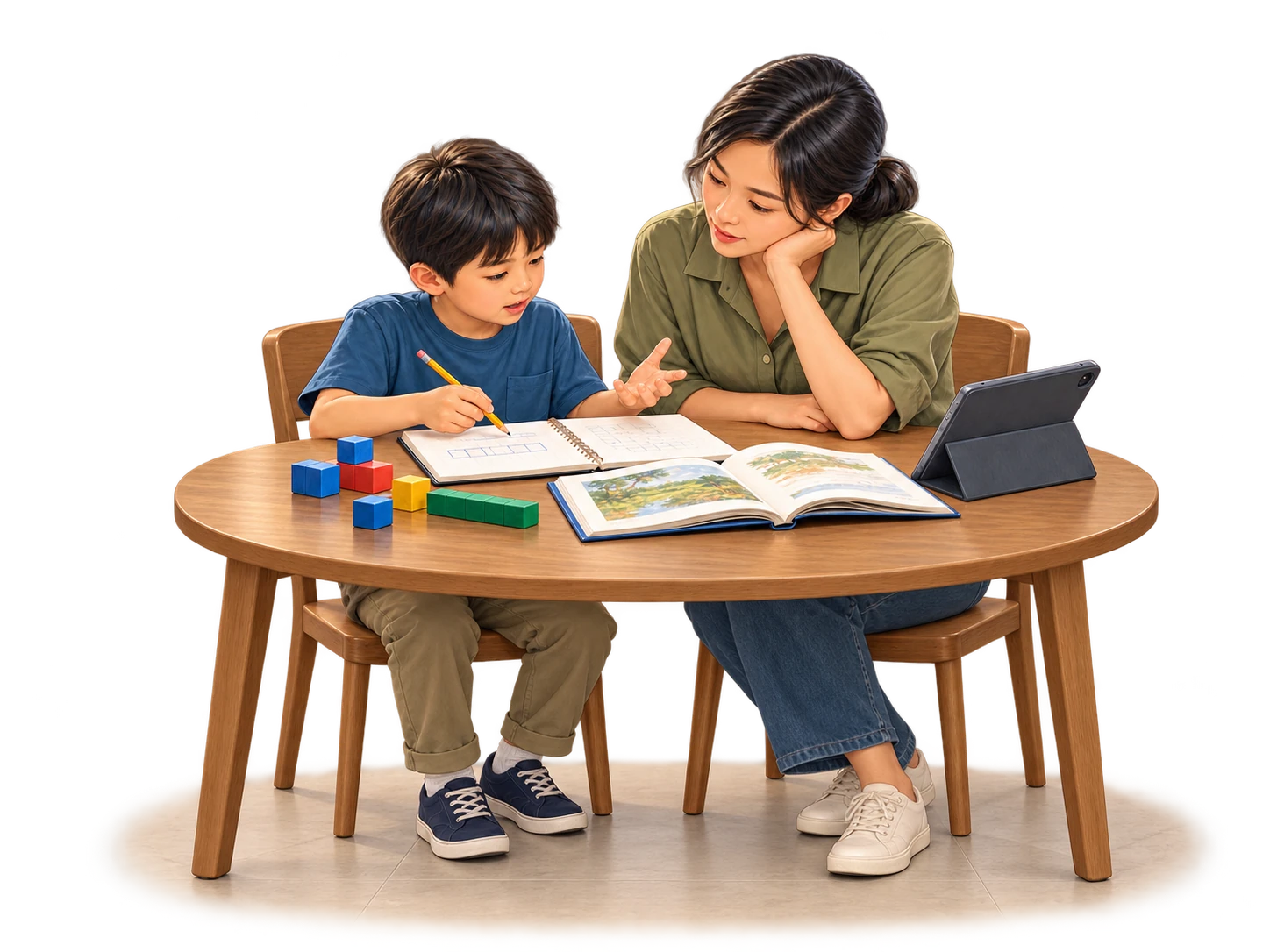 A child explaining written work to an educator, with books, math materials and a tablet.