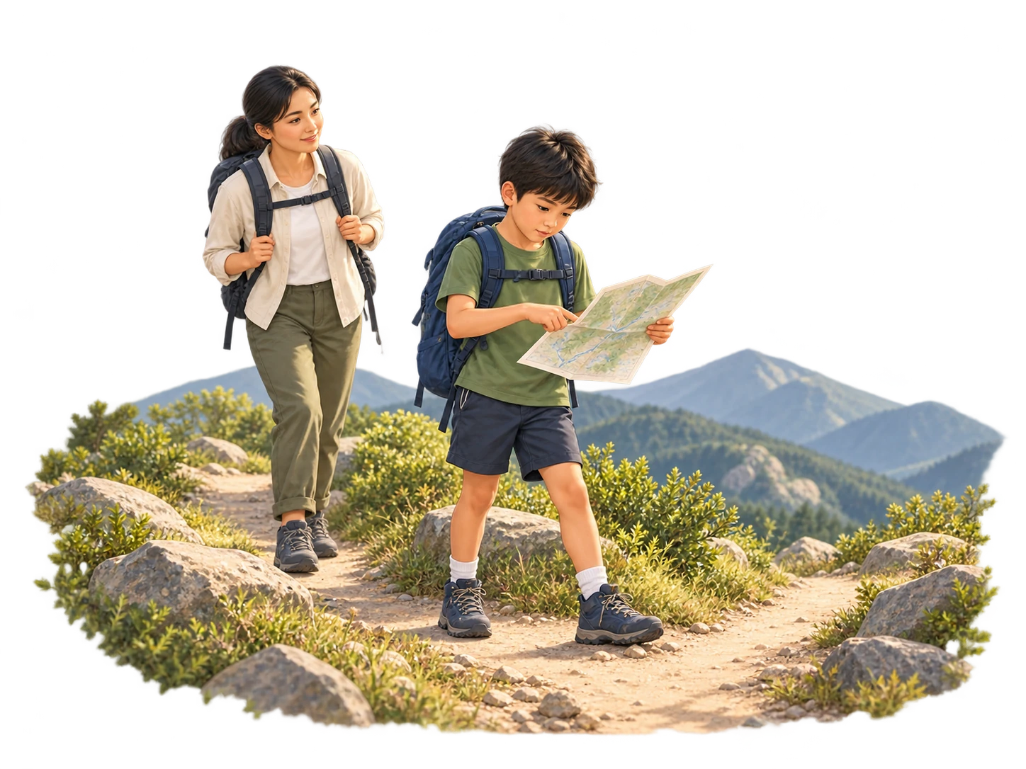 A child consulting a map and leading a mountain walk, with an adult companion following.