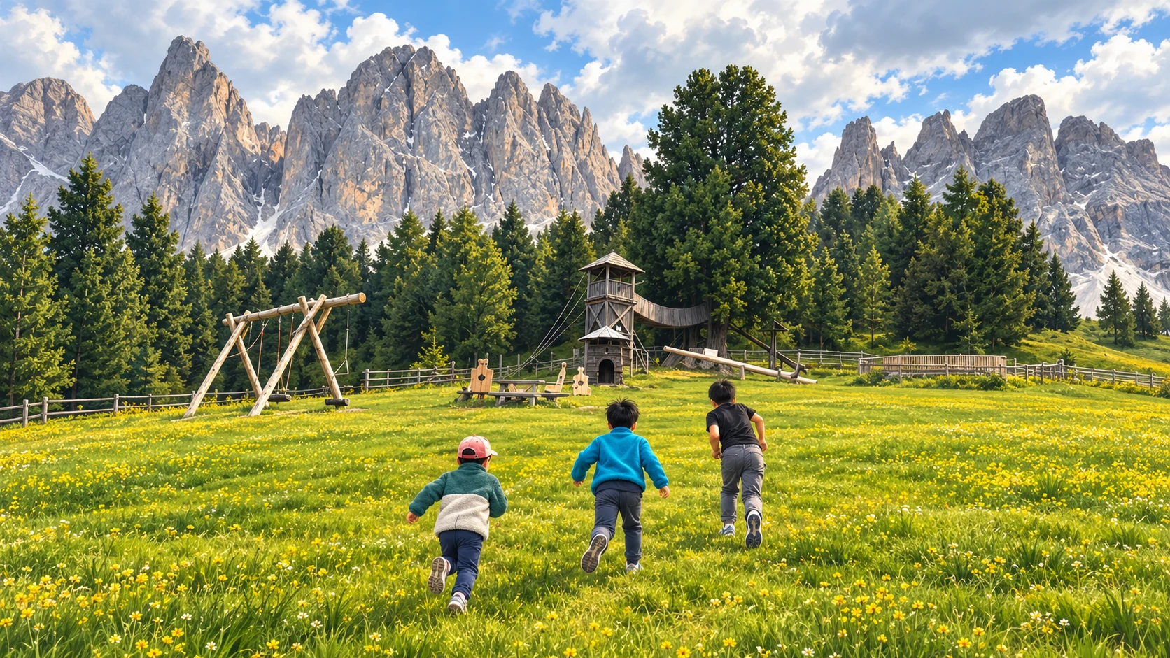 Illustration of Andrew’s three boys running together across a mountain meadow toward a wooden playground.