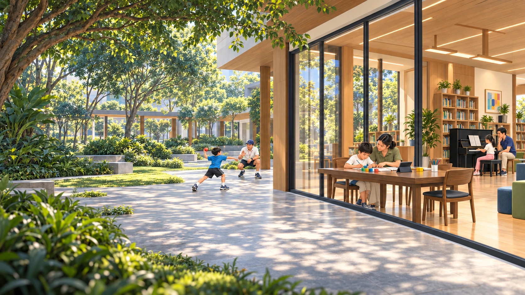 Illustration of outdoor coaching beside an enclosed classroom, with one-to-one learning and piano practice inside.