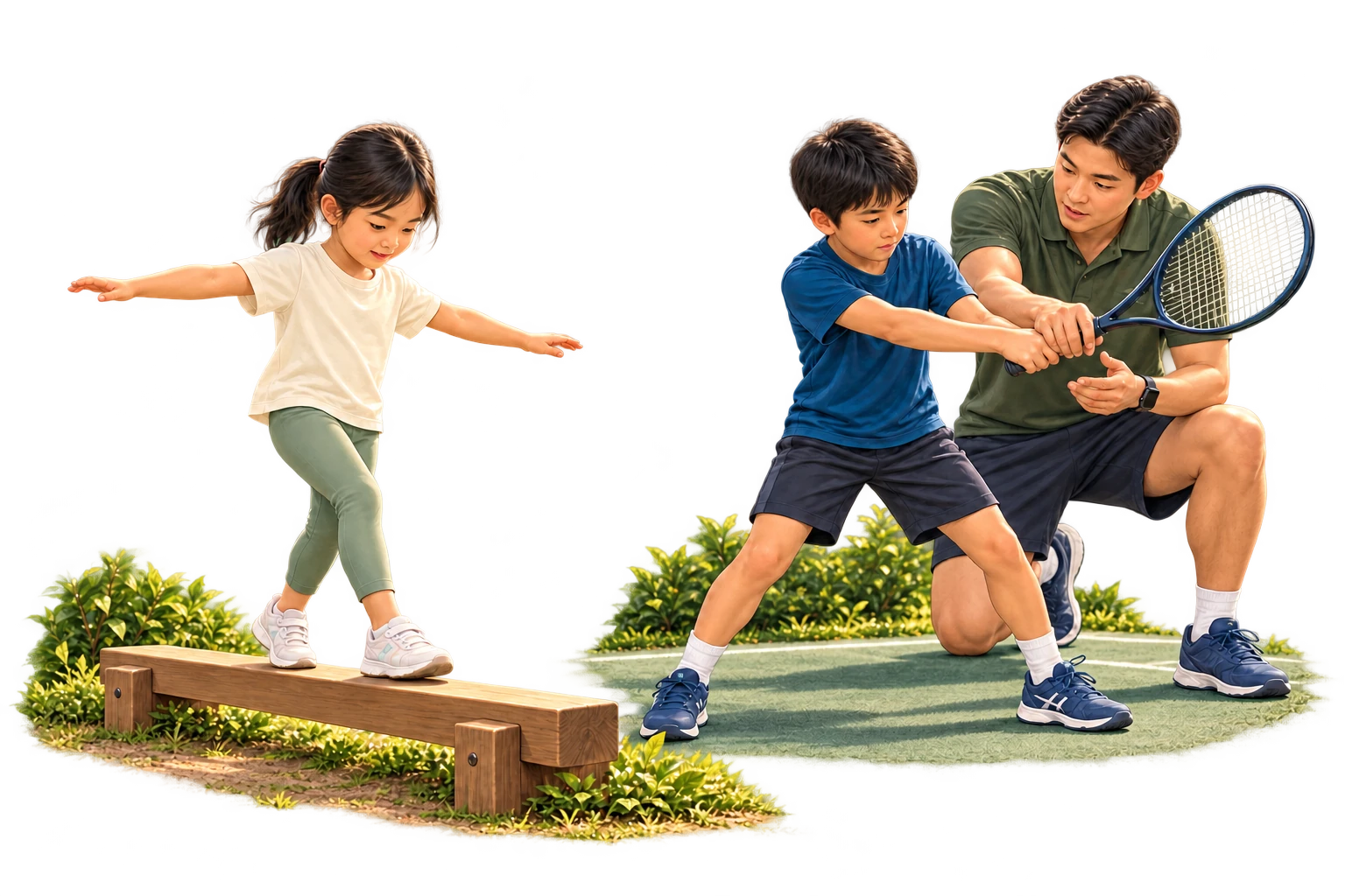 A child practising balance beside an older child receiving a technical correction from a tennis coach.